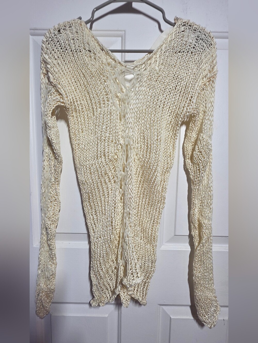 Sheer Open-Knit Cream Long-Sleeve Sweater - Picture 7 of 11